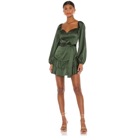 MAJORELLE revolve Etta Mini Dress Autumn Green Satin wedding puff sleeve fall - Picture 1 of 12